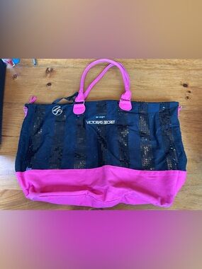 Victoria's Secret Black and Hot Pink Sequin Stripe Tote